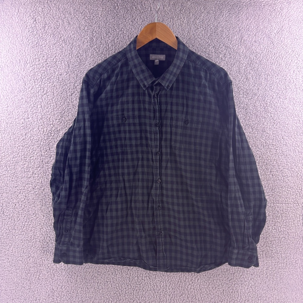 Ash & Erie Mens XXL Green Navy Gingham Flannel Button Down Shirt Cotton Tencel